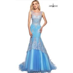 NWT Abby Paris 95147, Sky Blue, Trumpet Beaded Embroidered Tulle Gown, sz 10
